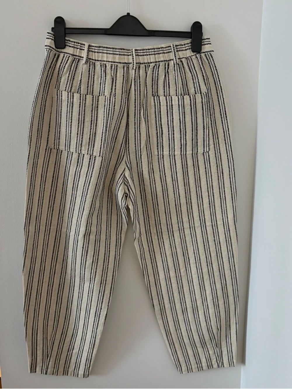 Zara Embroidered Striped Rustic Cotton & Linen Tapered Cropped Pants Size L NWT
